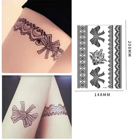 Pegatinas de Tatuaje Temporal de Encaje Hueco Negro Calcomanías de Arte Corporal de Henna Impermeables para Fiesta Mujeres y Niñas