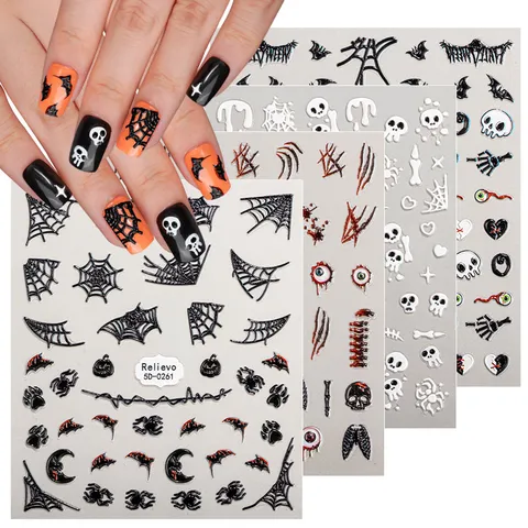 5D Pegatinas para Uñas en Relieve Dibujos Animados Halloween Navidad Araña Copo de Nieve Adhesivos Pegatinas de Uñas Accesorios de Manicura DIY