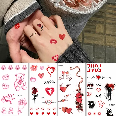 Pegatinas de Tatuaje Temporales Impermeables San Valentín Lindo Dibujo Animado Corazón Rosa Impresión de Labios Arte Corporal Falsos Tatuajes Para Mujeres