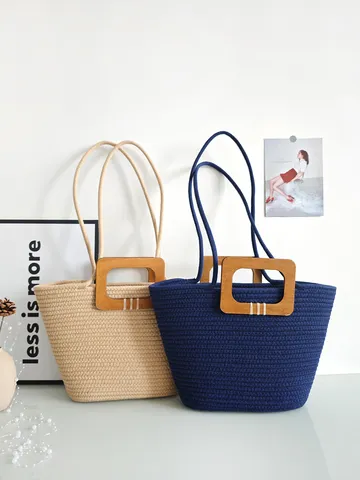 Damen Gewebte Baumwollseil Totebag Große Kapazität Schulterhandtasche Mit Holzgriff Für Urlaub Strand Alltag Einkaufstasche