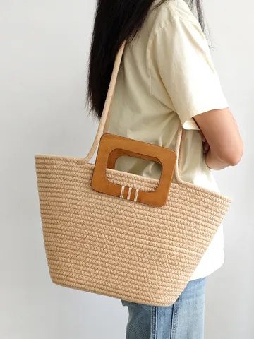 Damen Gewebte Baumwollseil Totebag Große Kapazität Schulterhandtasche Mit Holzgriff Für Urlaub Strand Alltag Einkaufstasche