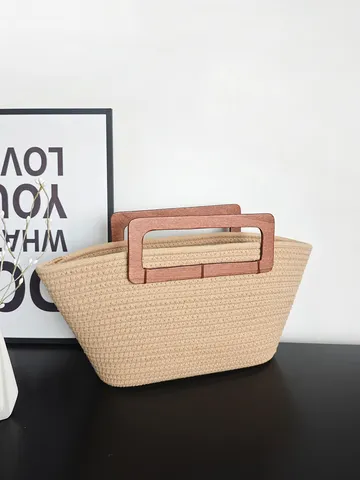 Handgefertigte Tragetasche aus Baumwollseil mit Holzgriff Große Kapazität Retro Bohemian Stroh Stil Handtasche Für Damen Reisen Strand Casual Schultertasche