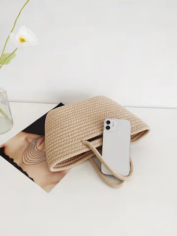 Bolso de Mano de Hilo de Algodón Tejido para Niñas Niños Estilo Pastoral Bolso de Paja Hecho a Mano Cesta de Regalo Casual Caqui