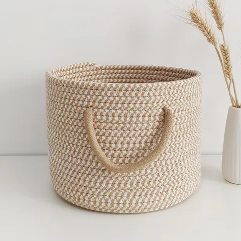 Round Cotton Rope Storage Basket With Dual Handles Woven Minimalist Organizer For Snacks Toys Sundries Home Desktop Decor