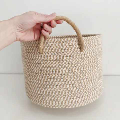 Round Cotton Rope Storage Basket With Dual Handles Woven Minimalist Organizer For Snacks Toys Sundries Home Desktop Decor