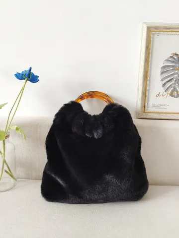 Retro Schwarz Plüsch Handtasche Damen Kunstpelz Große Kapazität Top Handle Tasche Mit Bernstein Harz Ring Griff Old Money Stil Herbst Winter Tasche