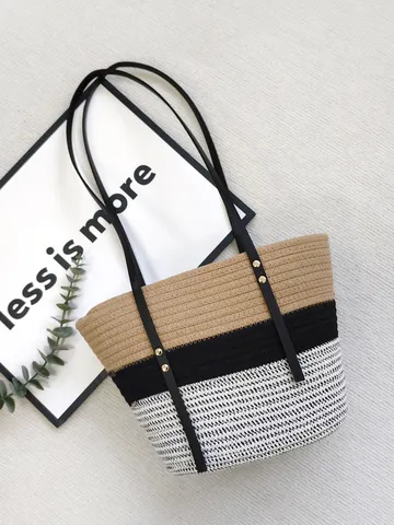 Damen Gewebt Tragetasche Farbblockierung Baumwollseil Handgewebt Schultertasche PU Riemen Große Kapazität Pendler Handtasche