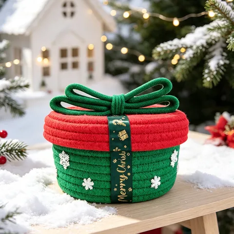 Weihnachten Gewebter Aufbewahrungskorb Mit Deckel Rot Grün Polyester Seil Geschenkbox Für Süßigkeiten Snacks Desktop Organizer Schneeflocke Schleife