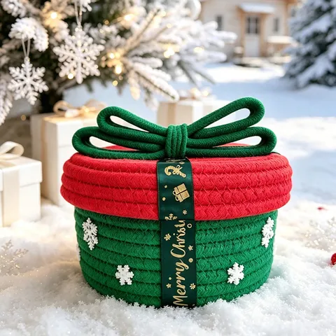 Weihnachten Gewebter Aufbewahrungskorb Mit Deckel Rot Grün Polyester Seil Geschenkbox Für Süßigkeiten Snacks Desktop Organizer Schneeflocke Schleife