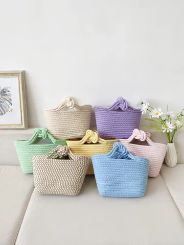Süße Gewebte Baumwollseil Handtasche Süße Macaron Farbe Mini Stroh Stil Tragetasche Für Kinder Frauen Tägliche Urlaub Strand Offene Top Tasche