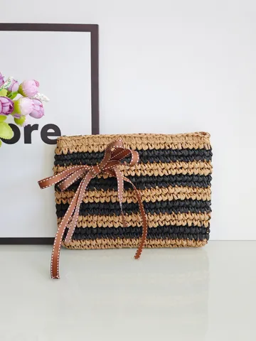 Vintage Gestreift Stroh Clutch Tasche Damen Gewebt Papier Handtasche Schleife Reißverschluss Handy Pouch Kleine Geldbörse Reise
