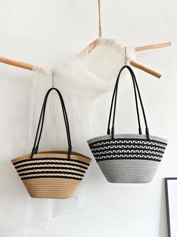 Französischer Luxus Gewebte Baumwollmischung Unterarmtasche Gestreifte Patchwork Tragetasche Schultertasche Für Damen Urlaub