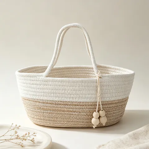 Cesto Portaoggetti Intrecciato in Cotone Nordico Cesto Organizer Portatile di Grande Capacità Con Perline di Legno per la Casa Picnic Giocattoli