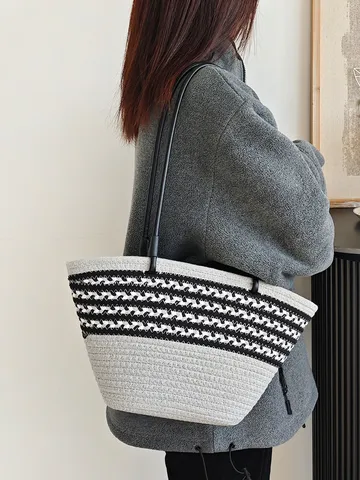Französischer Luxus Gewebte Baumwollmischung Unterarmtasche Gestreifte Patchwork Tragetasche Schultertasche Für Damen Urlaub