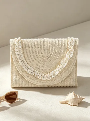 Damen Gewebte Papier Borte Clutch Bag Spitzenbesatz Umschlag Tasche Mode Einfache Einfarbig Sommer Urlaub Beutel Handtasche