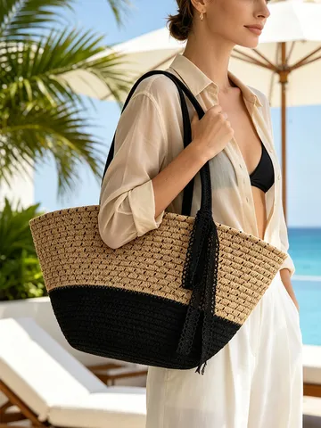 Vintage Polyester-Baumwolle Seil Gewebt Tragetasche Große Kapazität Handgefertigte Strand Umhängetasche Mit Spitzen Schleife Für Damen Urlaub Alltag