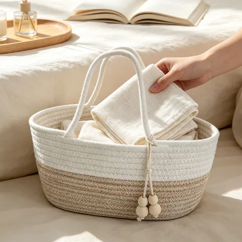 Cesto Portaoggetti Intrecciato in Cotone Nordico Cesto Organizer Portatile di Grande Capacità Con Perline di Legno per la Casa Picnic Giocattoli