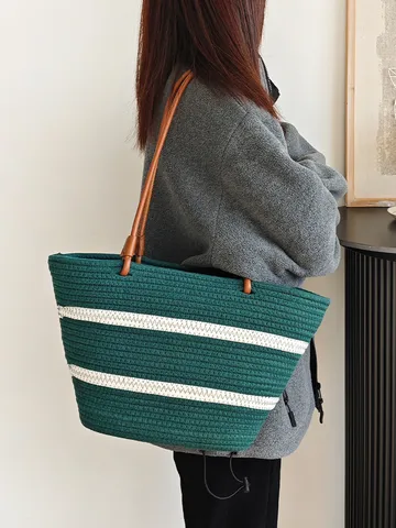 Große Kapazität Gewebte Baumwollseil Tragetasche Für Frauen Waldstil Gestreifte Umhängetasche Mode Pendler Achselhöhle Tasche Mami Handtasche