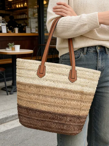 Damen Sommer Papierstroh Gewebte Tragetasche Farbverlauf Große Kapazität Strand Schultertasche Für Urlaub Lässige Reisen