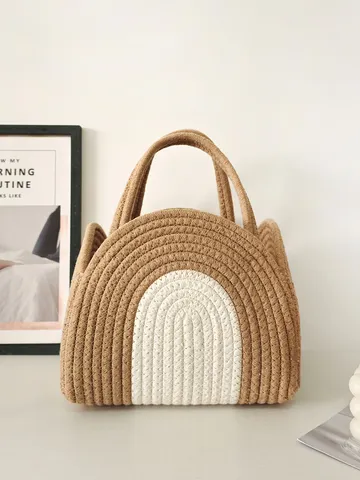 Lässige Polyester Baumwolle Seil Gewebte Handtasche Regenbogen Farbblock Korb Tasche Kleine Aufbewahrungstasche Für Frauen Strand