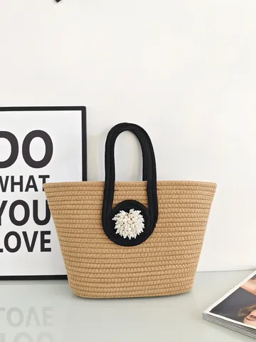 Damen Baumwollseil Gewebte Handtasche Perlen Künstliche Perle Tragetasche Große Kapazität Kontrastfarbe Strandurlaub Handtasche