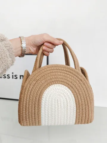 Lässige Polyester Baumwolle Seil Gewebte Handtasche Regenbogen Farbblock Korb Tasche Kleine Aufbewahrungstasche Für Frauen Strand