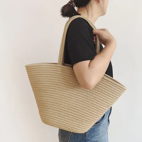 Damen Mode Retro Baumwollseil Gewebte Tote Bag Große Kapazität Stroh Webart Stil Umhängetasche Lässige Strandhandtasche