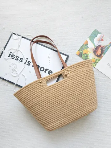 Women Large Capacity Cotton Rope Woven Tote Bag With Brown Leather Straps And Rivets Urban Simple Vacation Beach Shoulder Bag