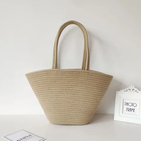 Damen Mode Retro Baumwollseil Gewebte Tote Bag Große Kapazität Stroh Webart Stil Umhängetasche Lässige Strandhandtasche