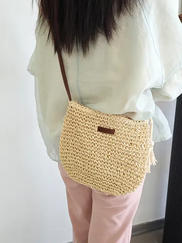 Handgemachte Gewebte Stroh Umhängetasche Für Damen Große Kapazität Papier Sommer Strand Urlaub Hohl Aus Quaste Schultertasche Tasche