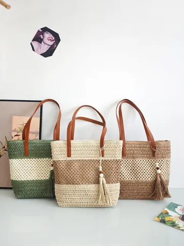 Mode Hohl Gewebt Strohtasche Große Kapazität Kontrastfarbe Strand Tote Tasche Mit Quaste Handgewebte Umhängetasche Damen