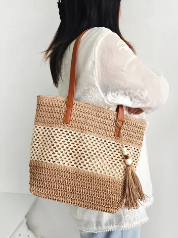 Mode Hohl Gewebt Strohtasche Große Kapazität Kontrastfarbe Strand Tote Tasche Mit Quaste Handgewebte Umhängetasche Damen