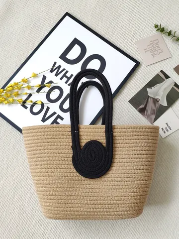 Gewebte Tragetasche Große Kapazität Baumwollseil Strandtasche Kontrastfarbe Handtasche Für Damen Sommerurlaub Reise Alltagsschultertasche