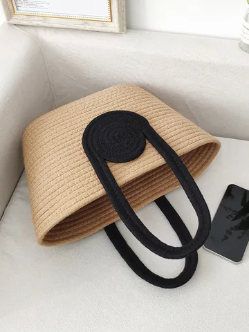 Gewebte Tragetasche Große Kapazität Baumwollseil Strandtasche Kontrastfarbe Handtasche Für Damen Sommerurlaub Reise Alltagsschultertasche