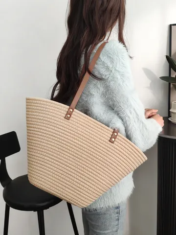 Ins Stil Retro Geflochtene Baumwollseil Totebag Große Kapazität Stroh-Optik Umhängetasche Urlaub Strand Tasche Für Frauen