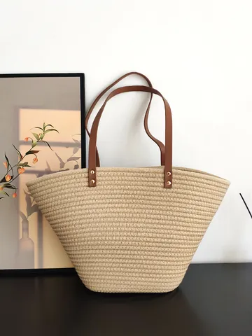 Ins Stil Retro Geflochtene Baumwollseil Totebag Große Kapazität Stroh-Optik Umhängetasche Urlaub Strand Tasche Für Frauen