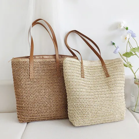 Damen Mode Geflochtene Stroh Toote Bag Große Kapazität Umhängetasche Lässige Urlaub Strand Handtasche Mit Reißverschluss