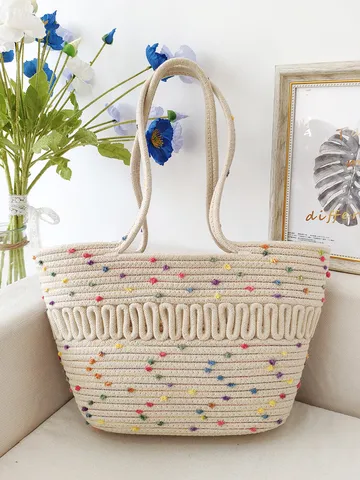 Damen Handgewebt Baumwolle Seil Geflochten Tote Bag Ausgehöhlt Groß Kapazität Schulter Strand Urlaub Strohtasche Tasche Mit Bunten Pompons