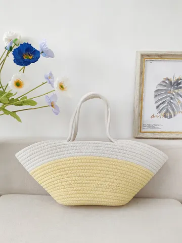 Handgewebte Baumwollseil-Webtasche Minimalistische Farbblock Tote Bag Für Damen Strandurlaub Handtasche Ins-Stil