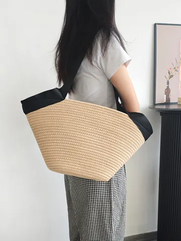 Damen Baumwollseil Geflochten Tragetasche Große Kapazität Handgeflochtene Schultertasche Urlaub Strand Künstlerische Handtasche