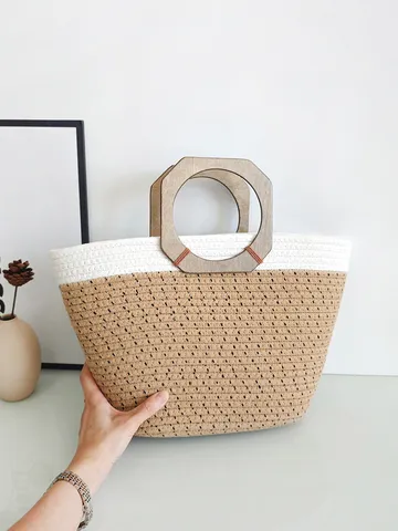 Bolso Tote de Cuerda de Algodón Tejido Con Asas de Madera Bloque de Color Gran Capacidad Bolso de Mano para Mujer Vacaciones Playa