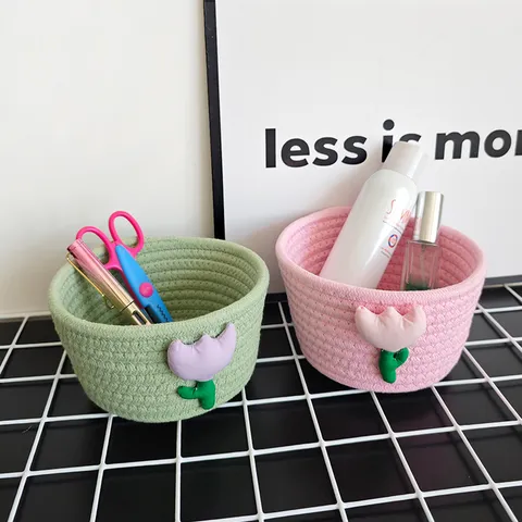 Süßer Cartoon Baumwollseil Gewebter Aufbewahrungskorb Tulpe Desktop Organizer Korb Schreibwaren Kosmetik Aufbewahrungsbox Home Deko Korb