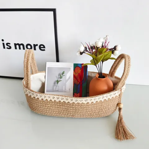 Japanischer Jute Aufbewahrungskorb mit Spitzenborte und Quaste Doppelgriffe Ovaler Stoff Desktop Organizer für Kosmetik Spielzeug Organizer