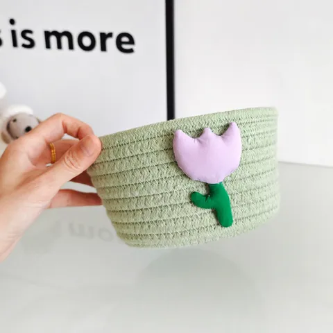 Süßer Cartoon Baumwollseil Gewebter Aufbewahrungskorb Tulpe Desktop Organizer Korb Schreibwaren Kosmetik Aufbewahrungsbox Home Deko Korb