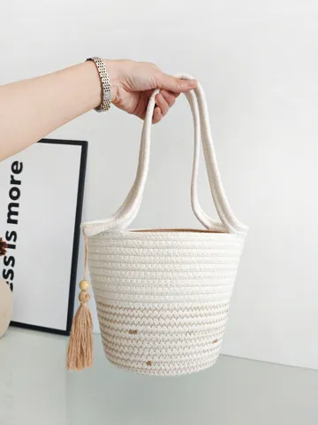 Damen Casual Baumwollseil Gewebte Beuteltasche Quaste Dekorative Handtasche Einfache Einfarbig Handgemachte Strick Tote Bag Strandtasche