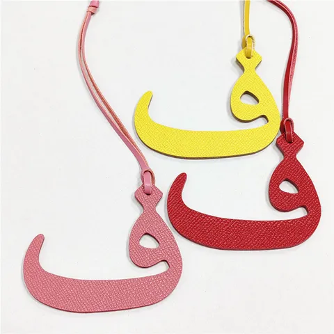 Genuine Leather Arabic Alphabet Bag Charm Hollow Out Letter Pendant Purse Accessory With Strap Mini Handbag Ornament Personalized Name Tag