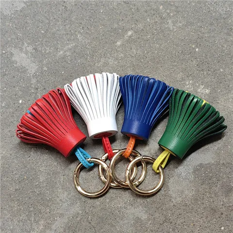 Cute Genuine Sheepskin Leather Tassel Bag Charm Dual Color Fringe Handbag Pendant Car Keychain Hanging Ornament For Women Men Accessories