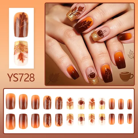 Autumn Winter Maple Leaf Press On Nails Square False Nails With Gold Powder 24 Pieces Set Gradient Brown Coffee Nail Tips For Women