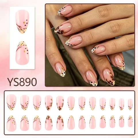 Faux Ongles à Presser Français Pois Floral Forme Amande Rose Nude Brillants Faux Ongles Pour Femmes Automne Hiver Avec Boîte