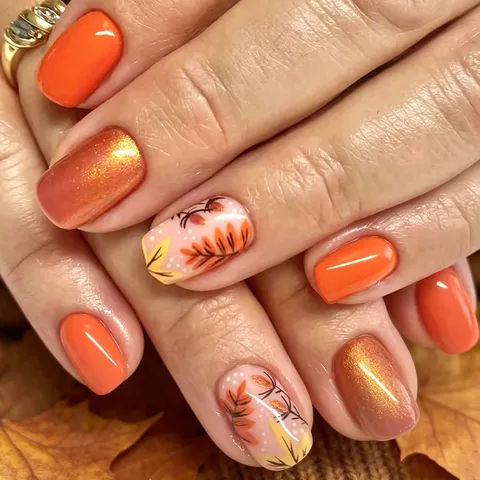 Autumn Short Square Shiny Press On Nails Maple Leaf Polka Dot Warm Color Shimmer Detachable Fake Nails For Women Manicure